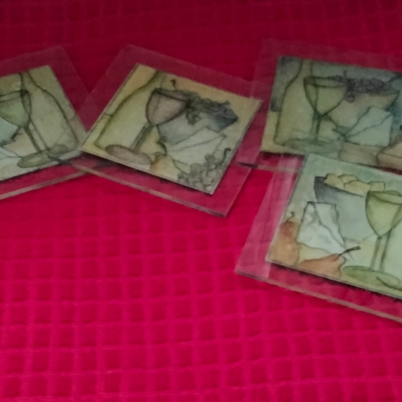 Artisian Glass Coasters Set 4 Martini Themed Bar Cork Back With Stand - Picture 5 of 8